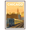 Stylized illustration of Chicago skyline with green accents - in a walnut frame