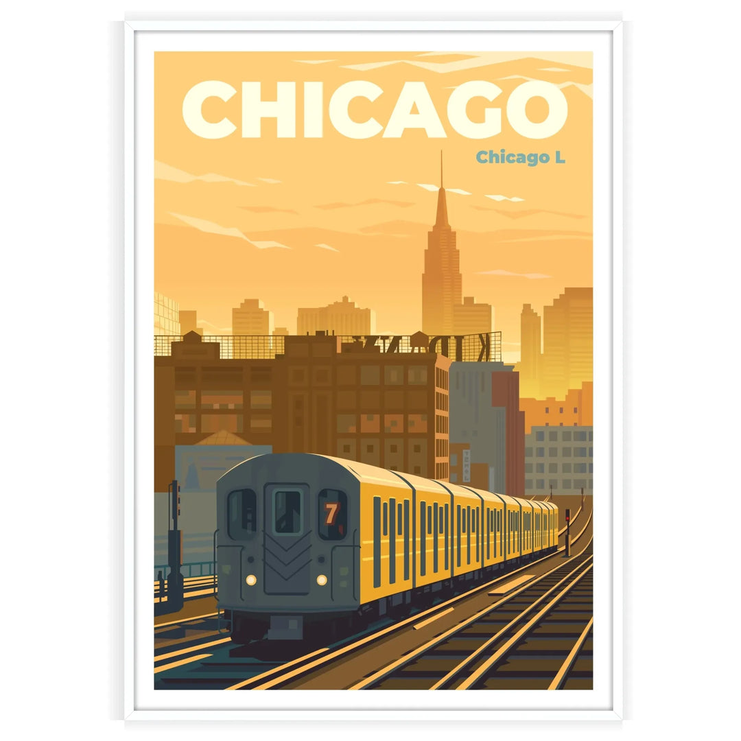 Stylized illustration of Chicago skyline with green accents - in a white frame