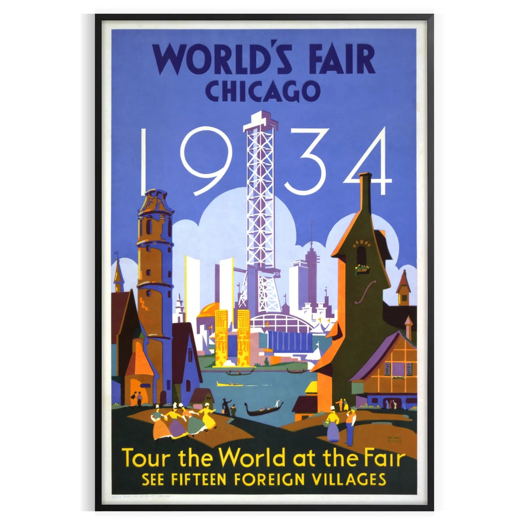 Chicago skyline in gray and orange with retro travel poster style