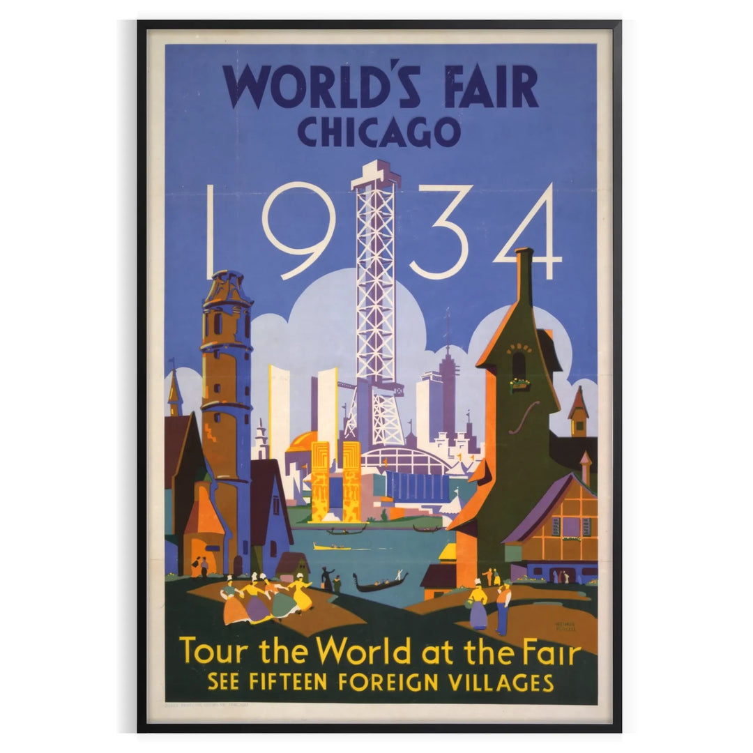 Chicago skyline with green and blue tones in a vintage travel poster style