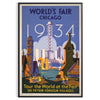 Chicago skyline with green and blue tones in a vintage travel poster style - in a black frame