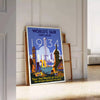 Chicago skyline in gray and orange with retro travel poster style - leaning on a herringbone floor against a white panelled wall