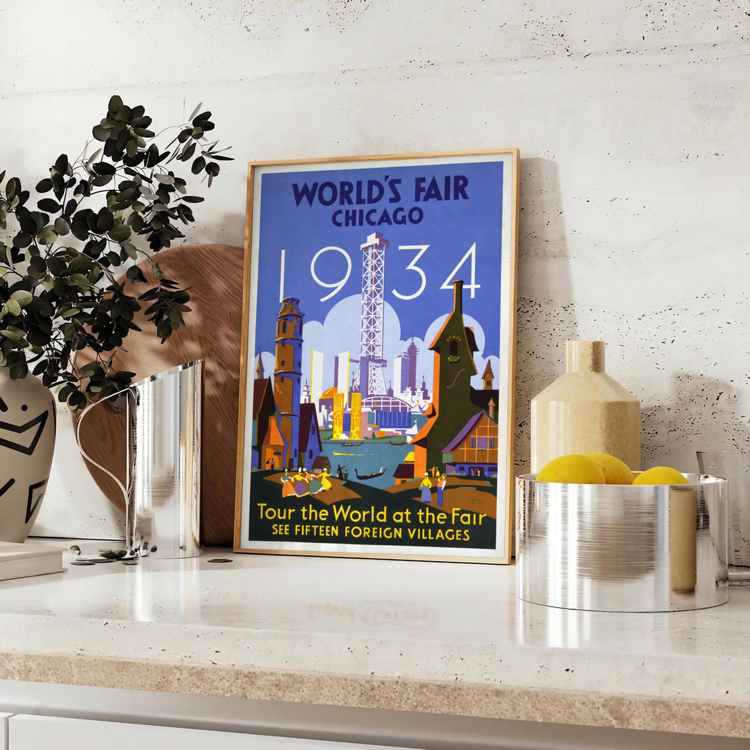 Chicago skyline in gray and orange with retro travel poster style - styled on a counter with eucalyptus and a bowl of lemons