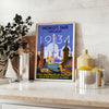 Chicago skyline in gray and orange with retro travel poster style - styled on a counter with eucalyptus and a bowl of lemons
