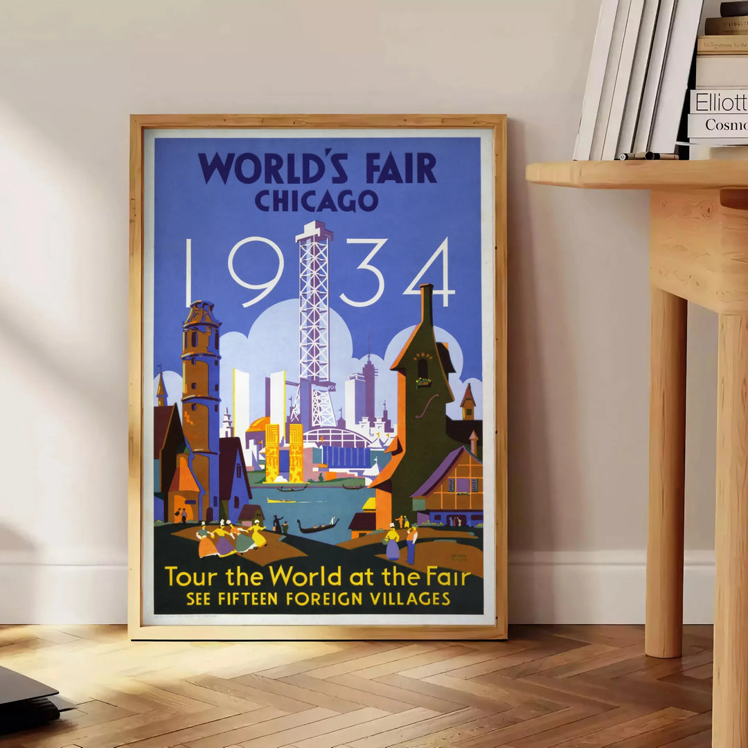 Chicago skyline in gray and orange with retro travel poster style - beside a round wooden side table with books