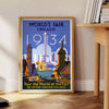 Chicago skyline in gray and orange with retro travel poster style - beside a round wooden side table with books