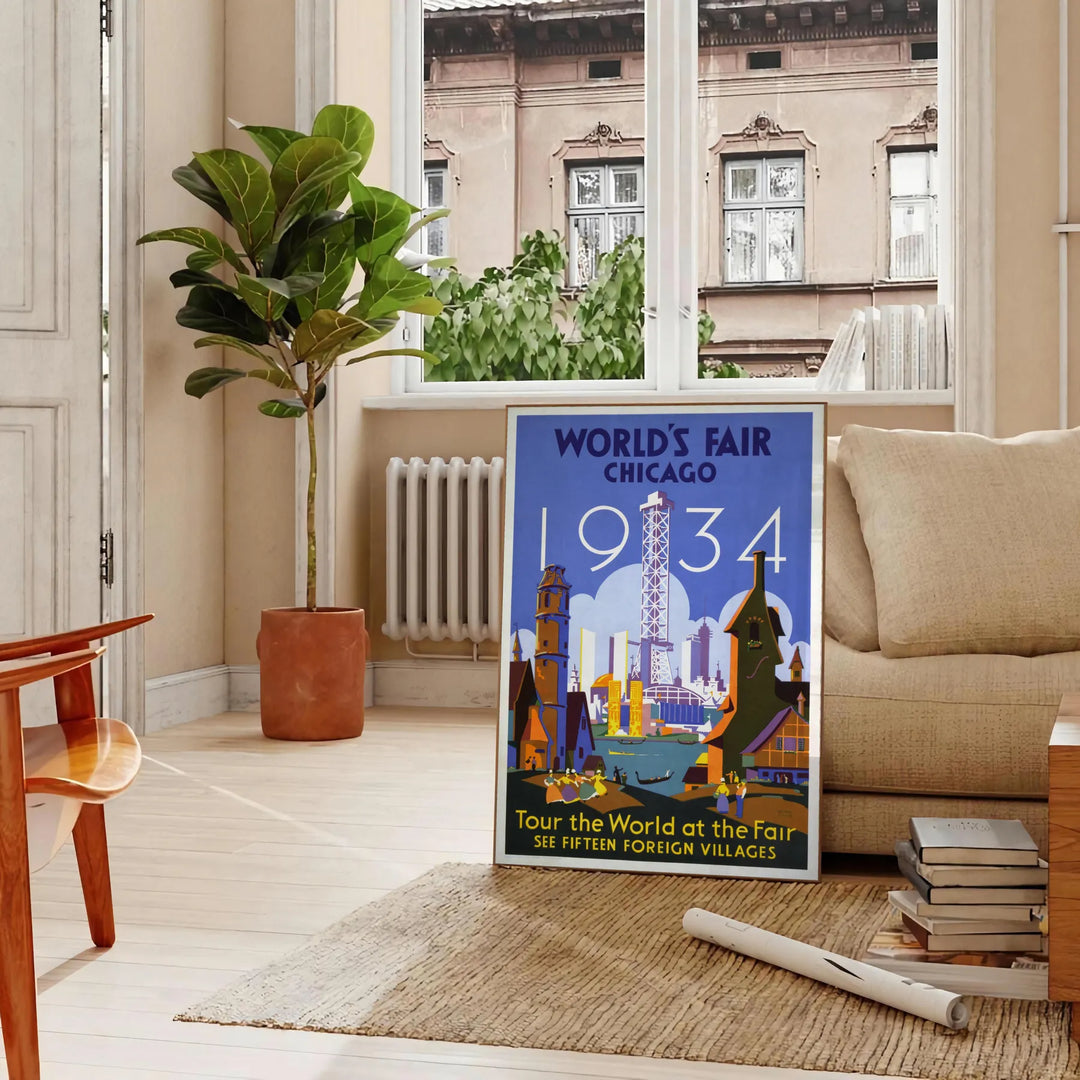 Chicago skyline in gray and orange with retro travel poster style - in a Parisian living room with a sofa and a fig plant