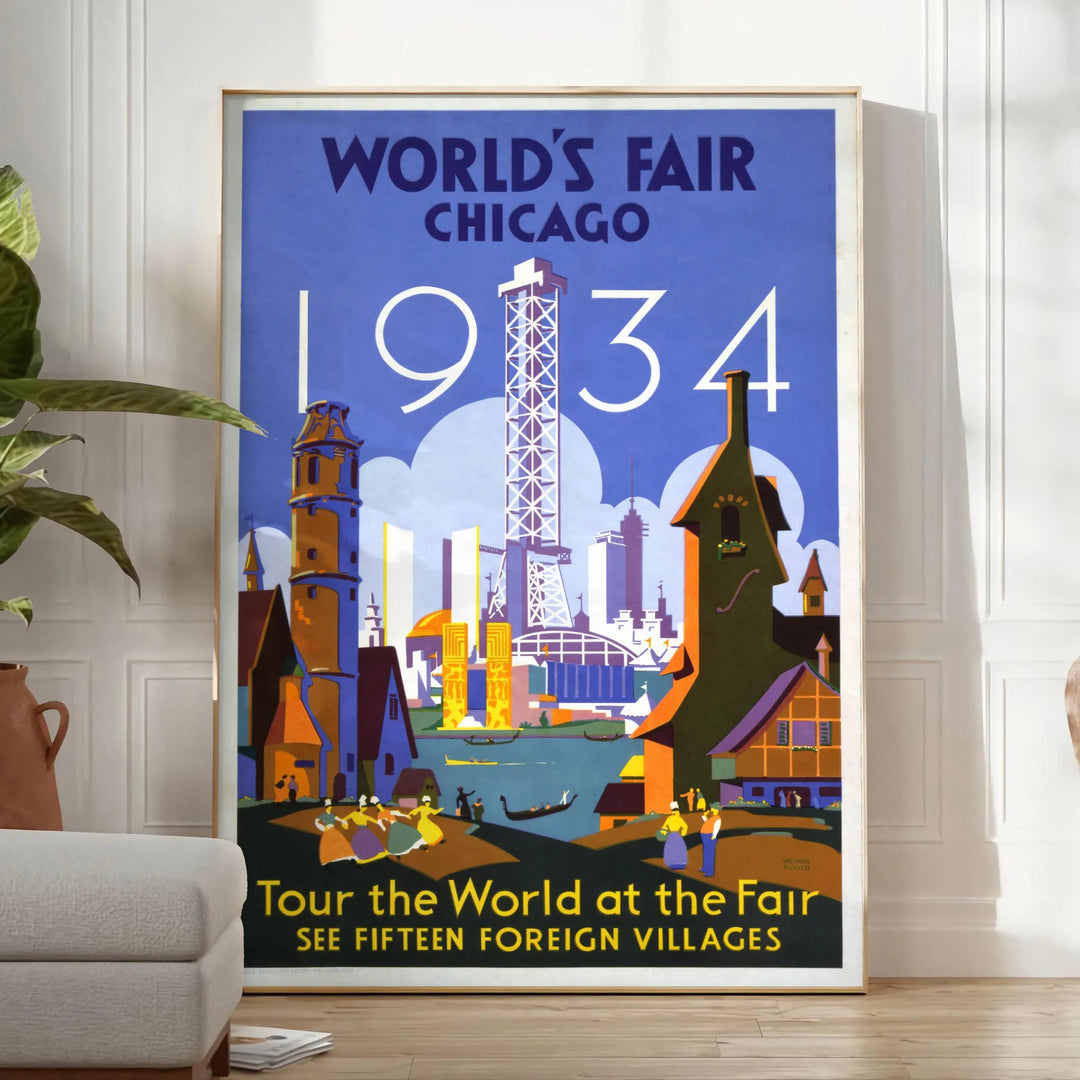 Chicago skyline in gray and orange with retro travel poster style - in a bright minimalist room with a plant and an armchair
