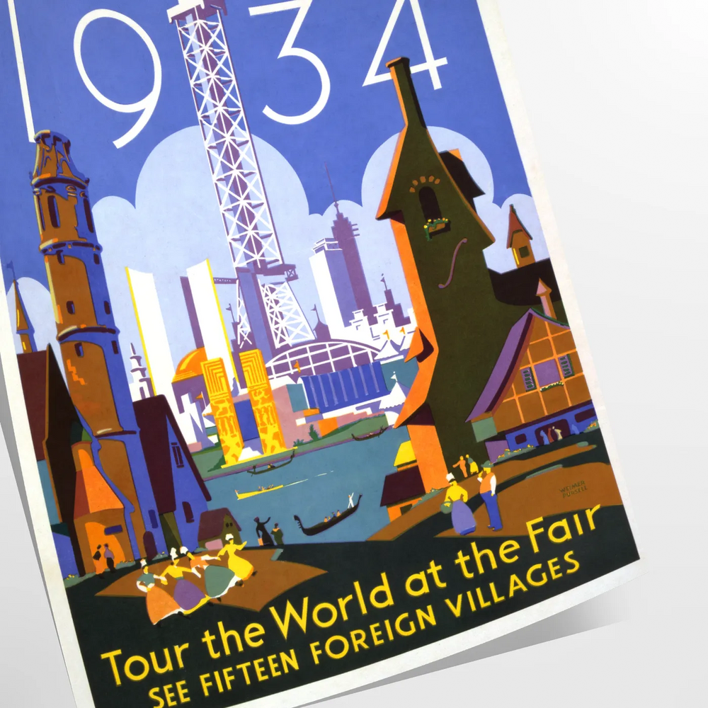 Chicago skyline in gray and orange with retro travel poster style