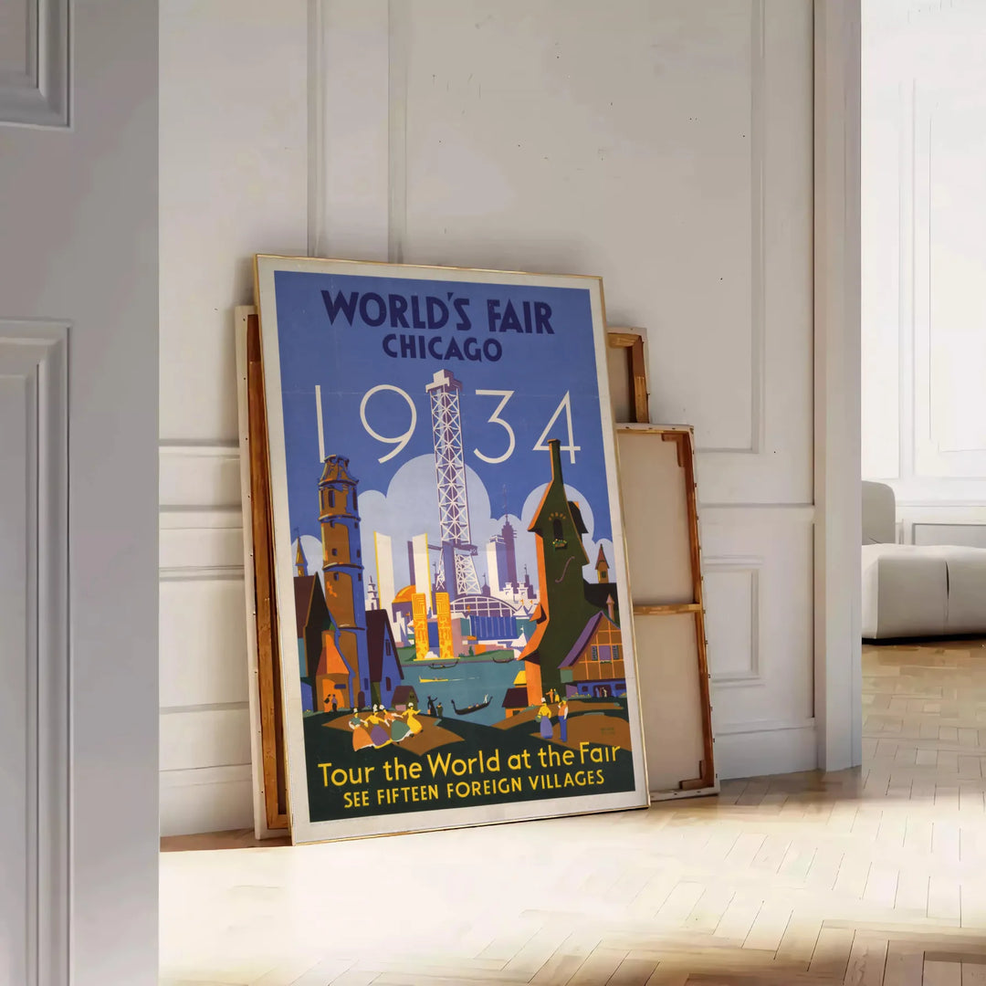Chicago skyline with green and blue tones in a vintage travel poster style - leaning on a herringbone floor against a white panelled wall