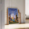 Chicago skyline with green and blue tones in a vintage travel poster style - leaning on a herringbone floor against a white panelled wall