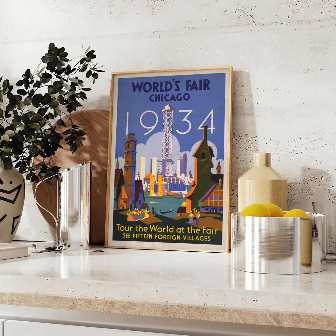 Chicago skyline with green and blue tones in a vintage travel poster style - styled on a counter with eucalyptus and a bowl of lemons