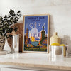 Chicago skyline with green and blue tones in a vintage travel poster style - styled on a counter with eucalyptus and a bowl of lemons