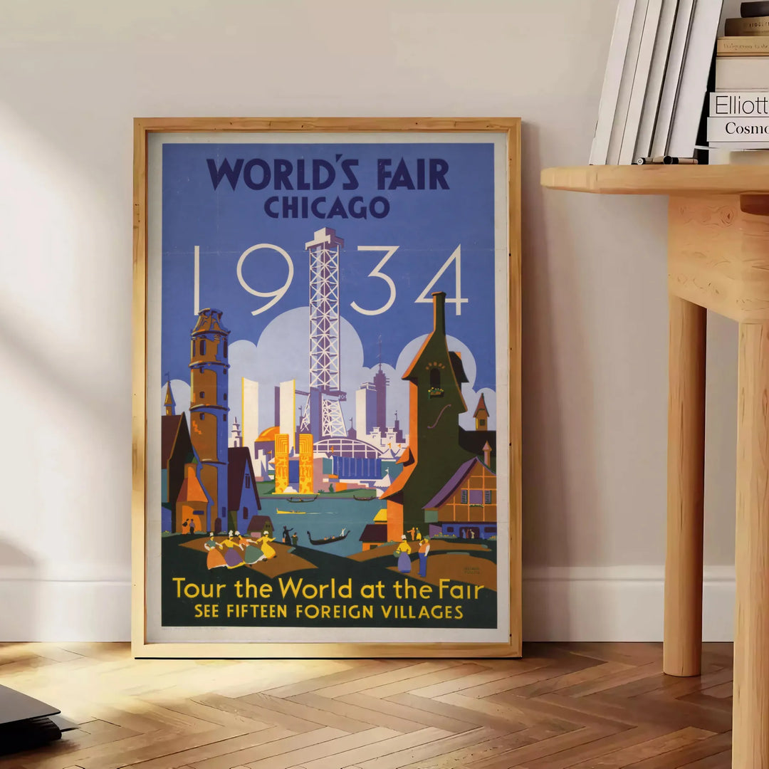Chicago skyline with green and blue tones in a vintage travel poster style - beside a round wooden side table with books