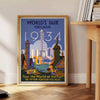 Chicago skyline with green and blue tones in a vintage travel poster style - beside a round wooden side table with books