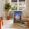 Chicago skyline with green and blue tones in a vintage travel poster style - in a Parisian living room with a sofa and a fig plant