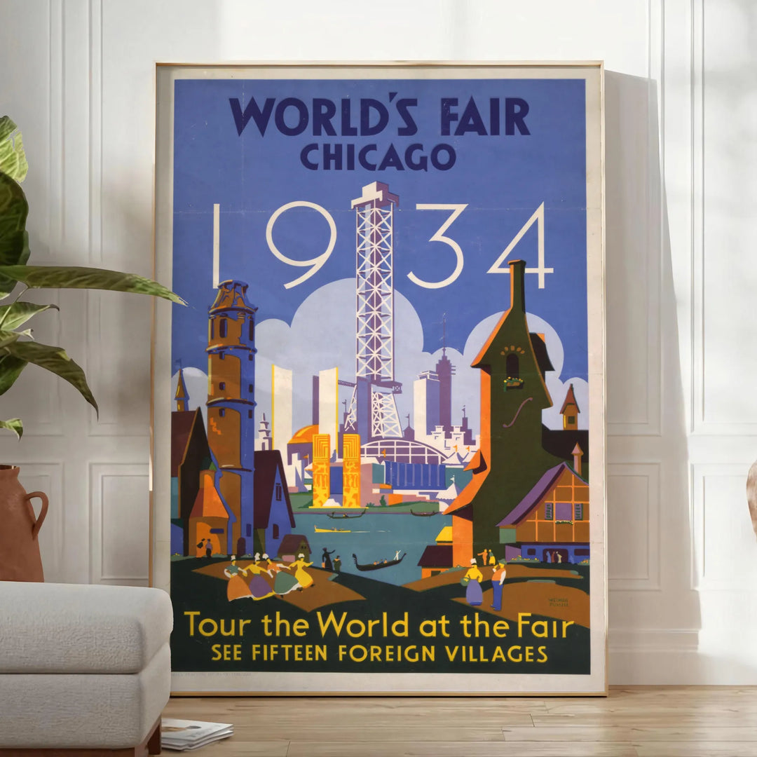 Chicago skyline with green and blue tones in a vintage travel poster style - in a bright minimalist room with a plant and an armchair