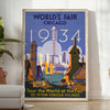Chicago skyline with green and blue tones in a vintage travel poster style - in a bright minimalist room with a plant and an armchair