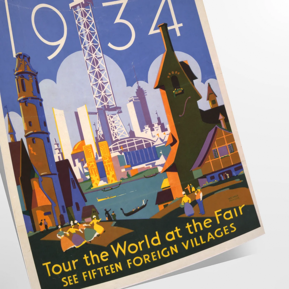 Chicago skyline with green and blue tones in a vintage travel poster style