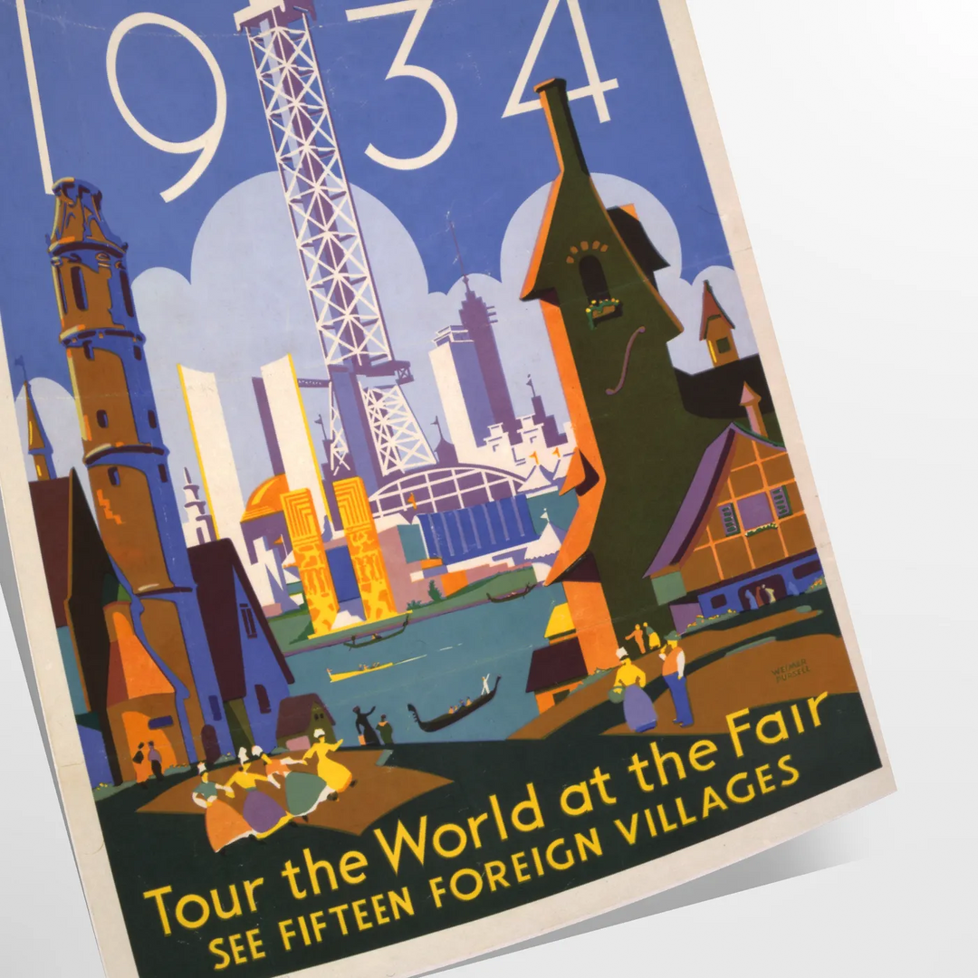 Chicago skyline with green and blue tones in a vintage travel poster style - as a rolled, unframed print