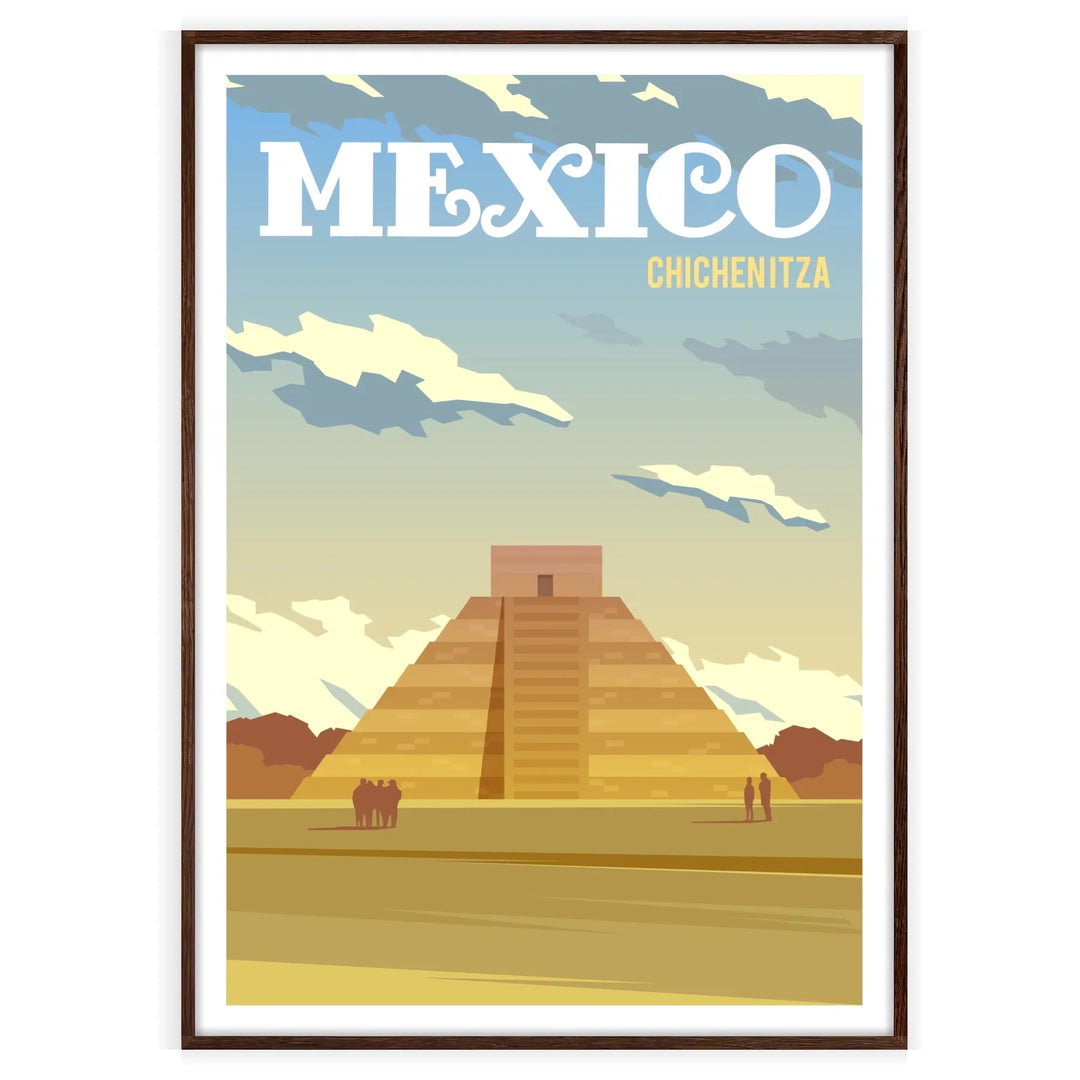 Pyramide de Chichen Itza entourée de verdure sous un ciel nuageux - dans un cadre noyer