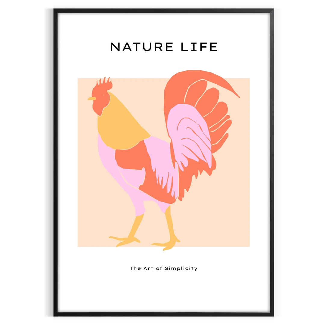 A detailed illustration of a chicken with orange and black tones