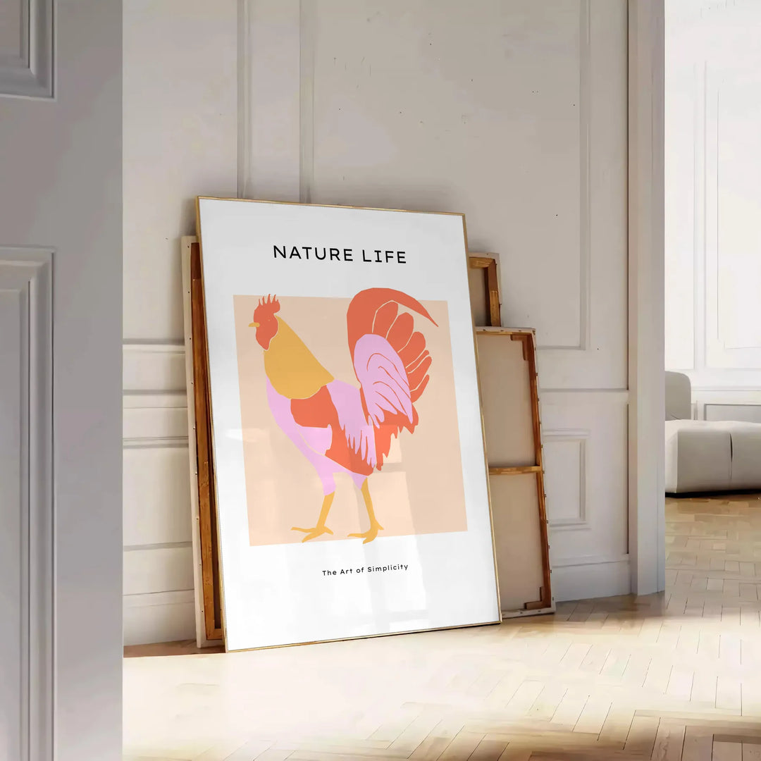 A detailed illustration of a chicken with orange and black tones - leaning on a herringbone floor against a white panelled wall