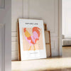 A detailed illustration of a chicken with orange and black tones - leaning on a herringbone floor against a white panelled wall