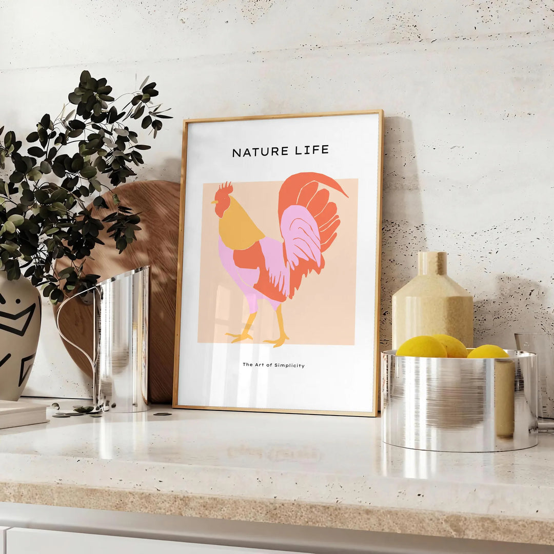A detailed illustration of a chicken with orange and black tones - styled on a counter with eucalyptus and a bowl of lemons