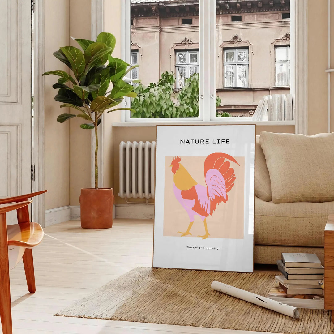 A detailed illustration of a chicken with orange and black tones - in a Parisian living room with a sofa and a fig plant