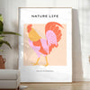A detailed illustration of a chicken with orange and black tones - in a bright minimalist room with a plant and an armchair