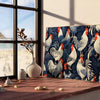 A detailed illustration of a chicken in a natural setting with earthy tones - leaning on a herringbone floor against a white panelled wall