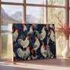 A detailed illustration of a chicken in a natural setting with earthy tones - beside a round wooden side table with books