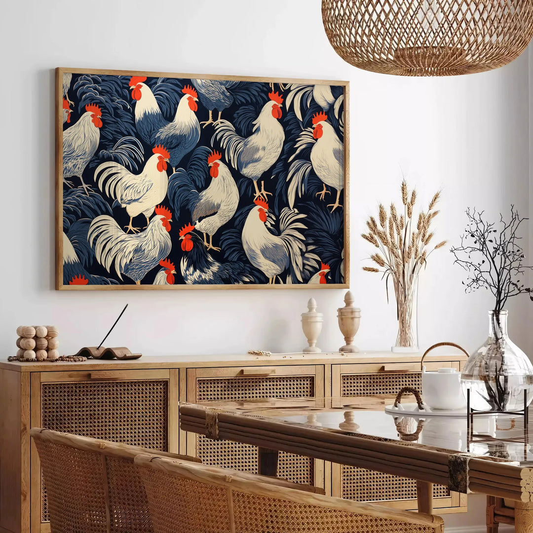 A detailed illustration of a chicken in a natural setting with earthy tones - in a Parisian living room with a sofa and a fig plant