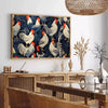 A detailed illustration of a chicken in a natural setting with earthy tones - in a Parisian living room with a sofa and a fig plant