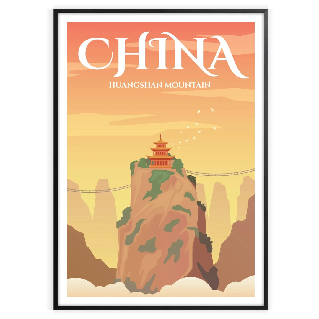 A minimalist poster featuring a gray and white depiction of China’s landscape