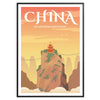 Un cartel minimalista que muestra un paisaje de China en gris y blanco - en un marco negro