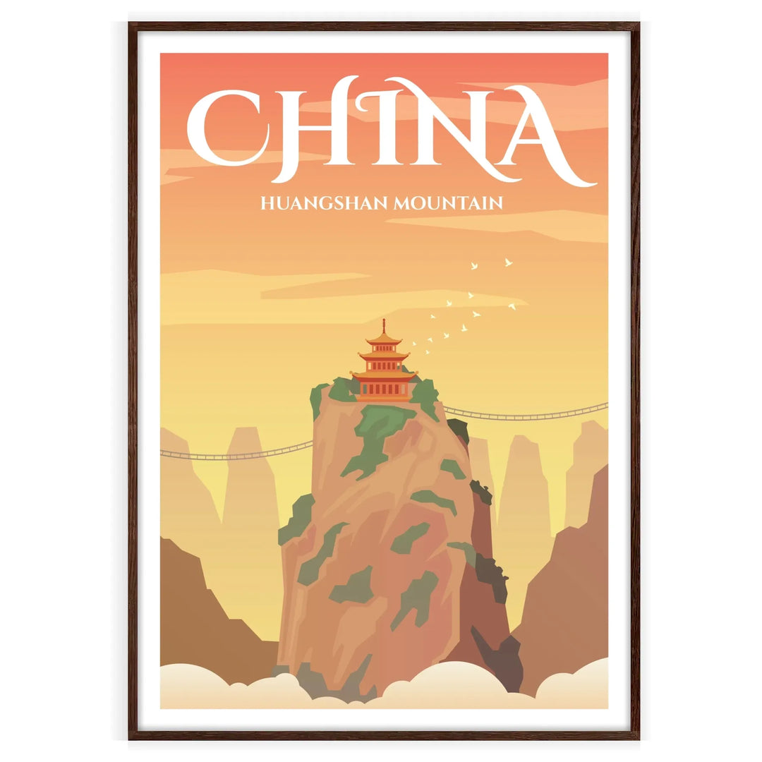 Un cartel minimalista que muestra un paisaje de China en gris y blanco - en un marco de nogal