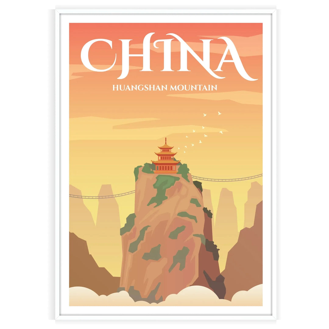 Un cartel minimalista que muestra un paisaje de China en gris y blanco - en un marco blanco