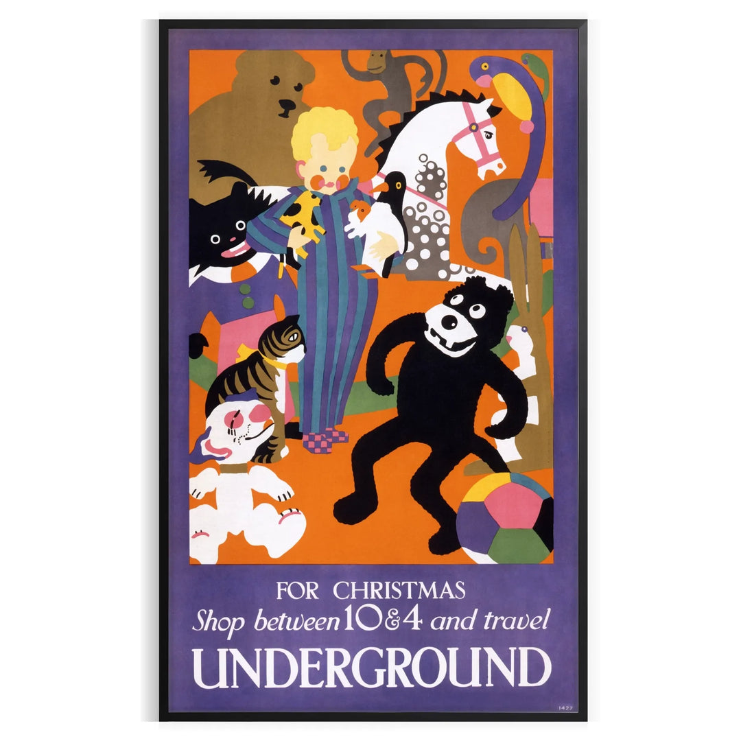 A colorful Christmas travel poster featuring winter scenes and festive elements