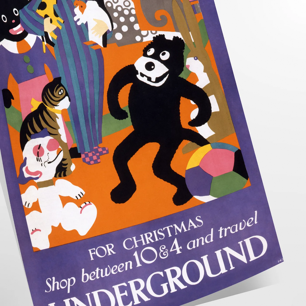 A colorful Christmas travel poster featuring winter scenes and festive elements