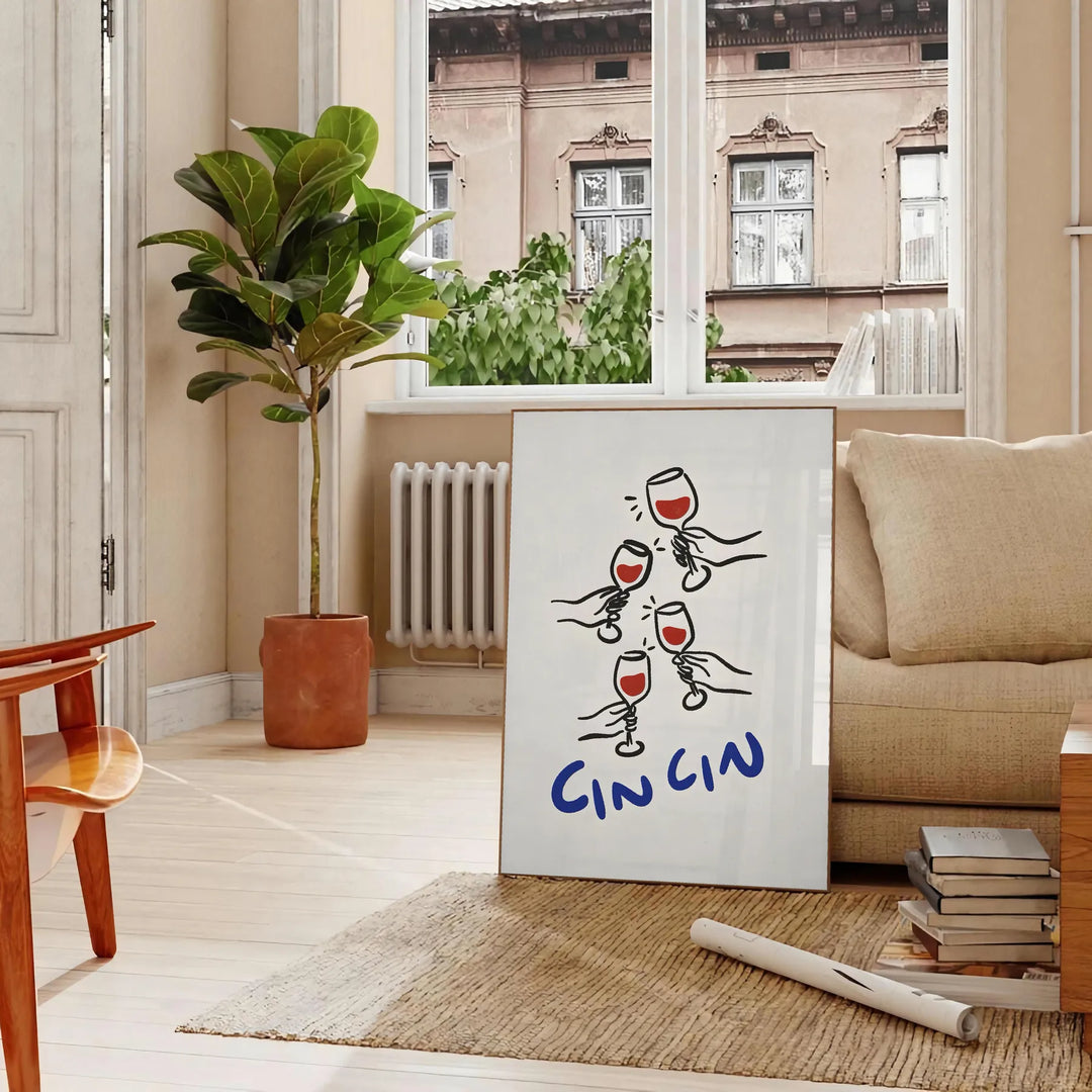 A colorful illustration of a kitchen scene with various utensils and food items - in a Parisian living room with a sofa and a fig plant