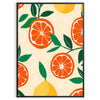 Illustration von Zitrusfrüchten in grünen und orangefarbenen Tönen, die eine Küchenszene darstellt - in einem schwarzen Rahmen