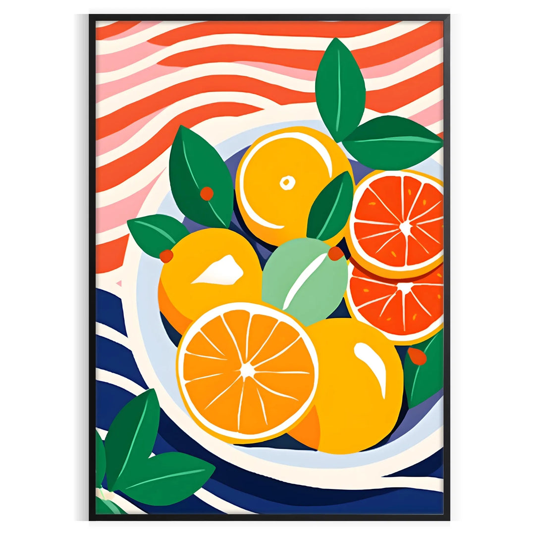 A kitchen scene featuring citrus fruits in bright orange and blue tones