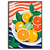 A kitchen scene featuring citrus fruits in bright orange and blue tones - in a black frame