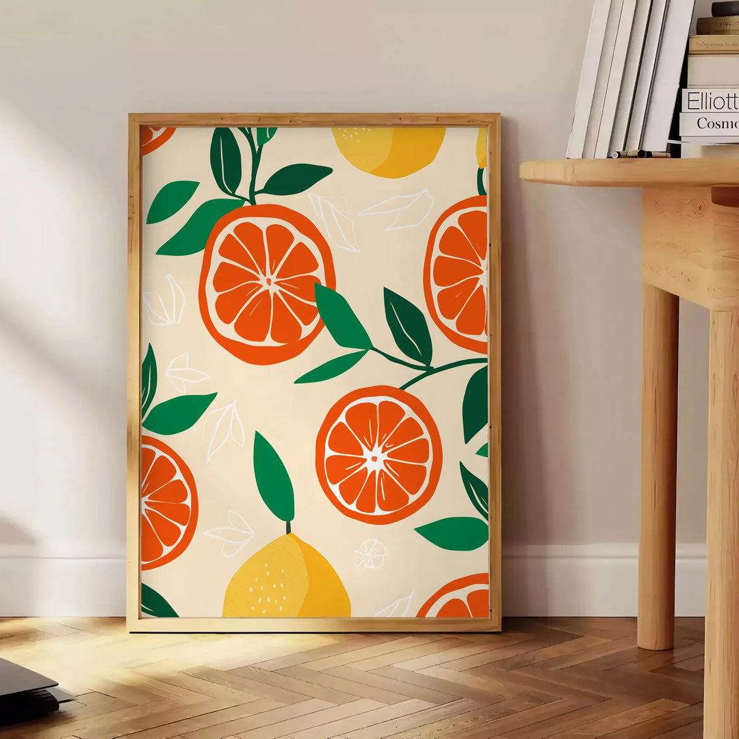 Illustration von Zitrusfrüchten in grünen und orangefarbenen Tönen, die eine Küchenszene darstellt - neben einem runden Beistelltisch aus Holz mit Büchern