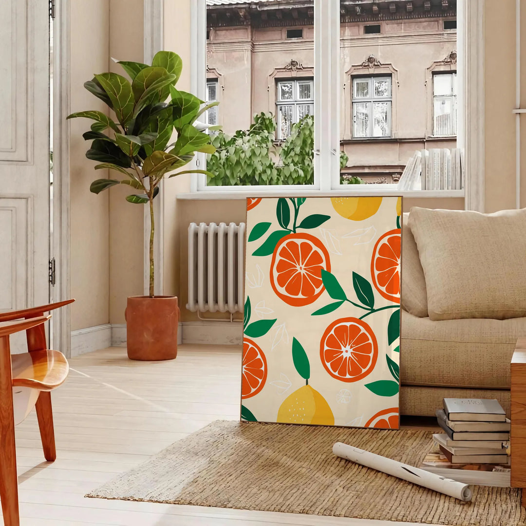 Illustration von Zitrusfrüchten in grünen und orangefarbenen Tönen, die eine Küchenszene darstellt - in einem Pariser Wohnzimmer mit Sofa und einer Geigenfeige
