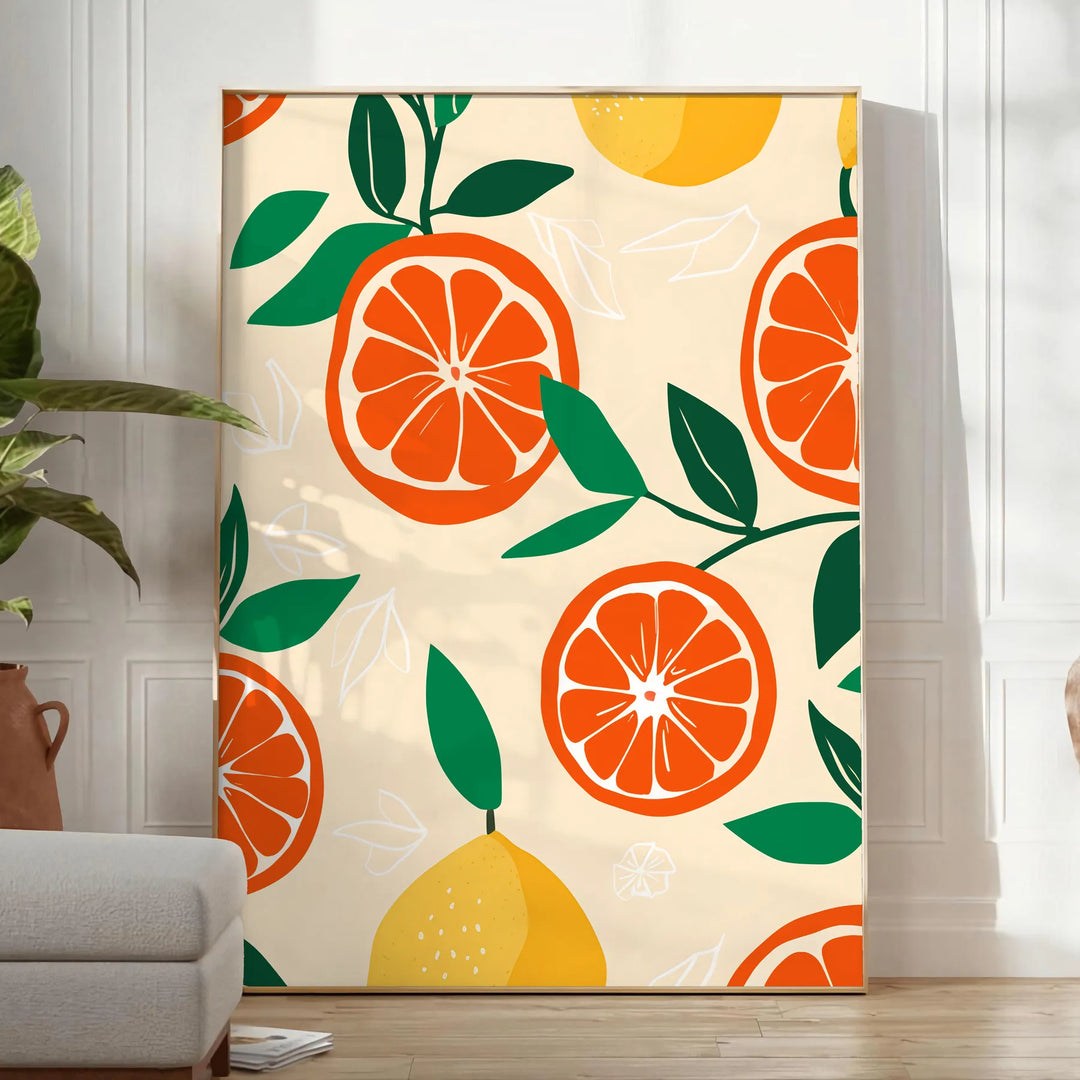 Illustration von Zitrusfrüchten in grünen und orangefarbenen Tönen, die eine Küchenszene darstellt - in einem hellen minimalistischen Raum mit Pflanze und Sessel