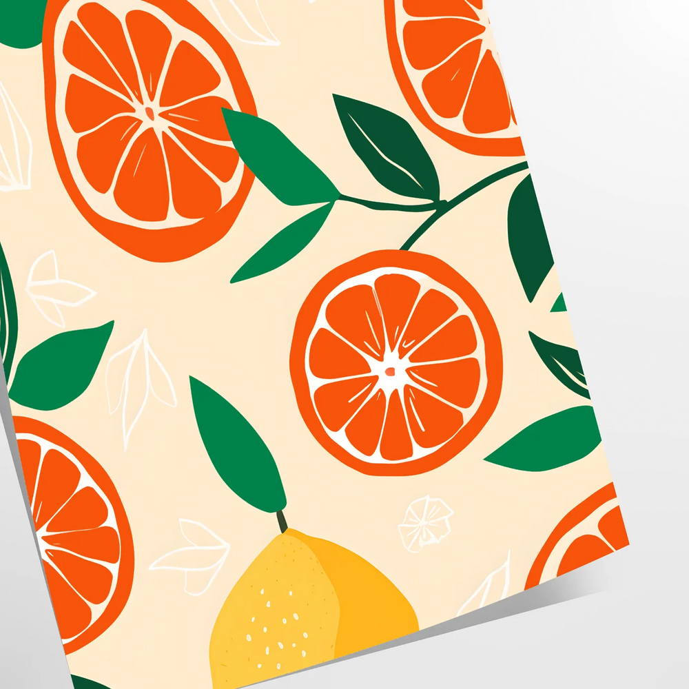 Illustration of citrus fruits in green and orange tones, depicting a kitchen scene