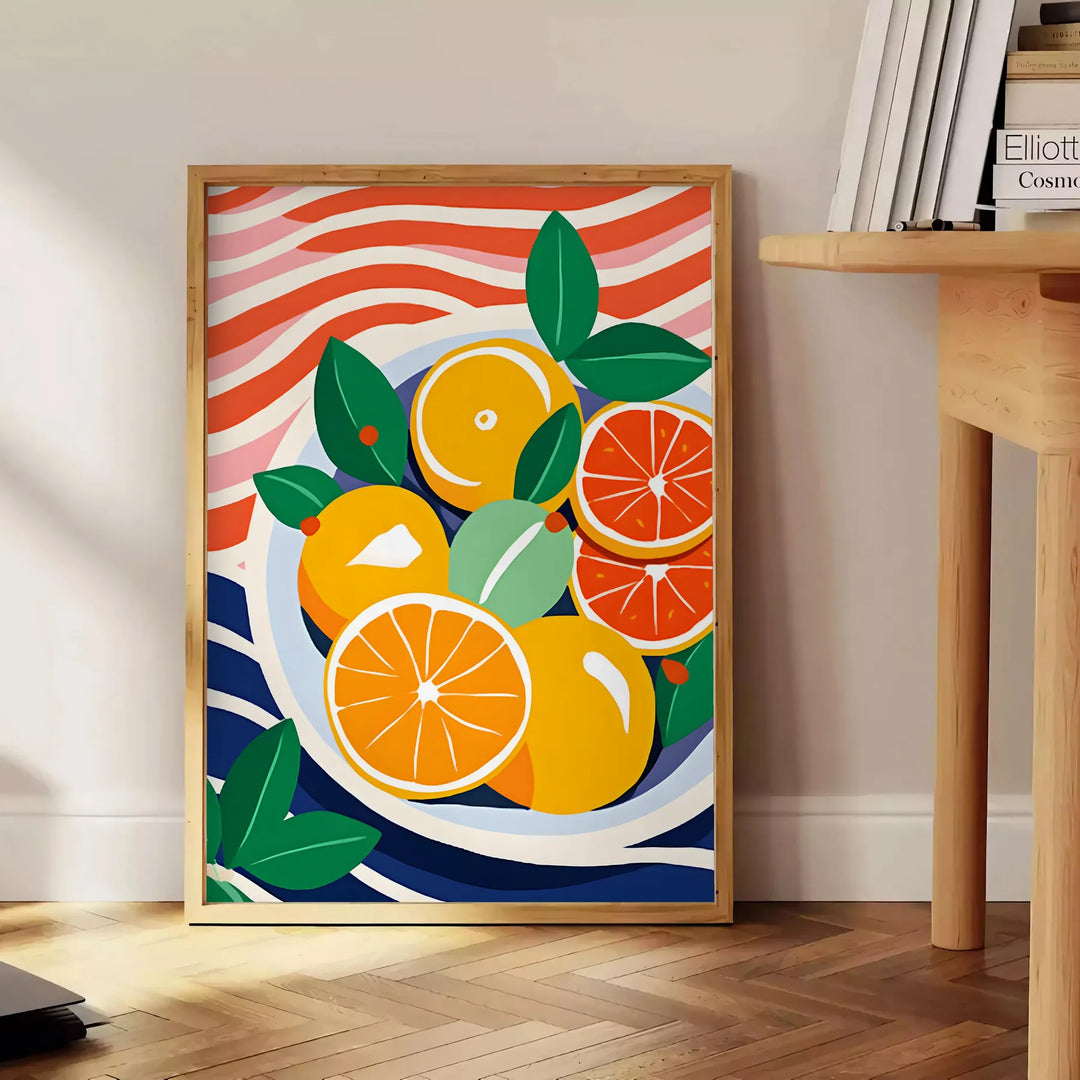 A kitchen scene featuring citrus fruits in bright orange and blue tones - beside a round wooden side table with books